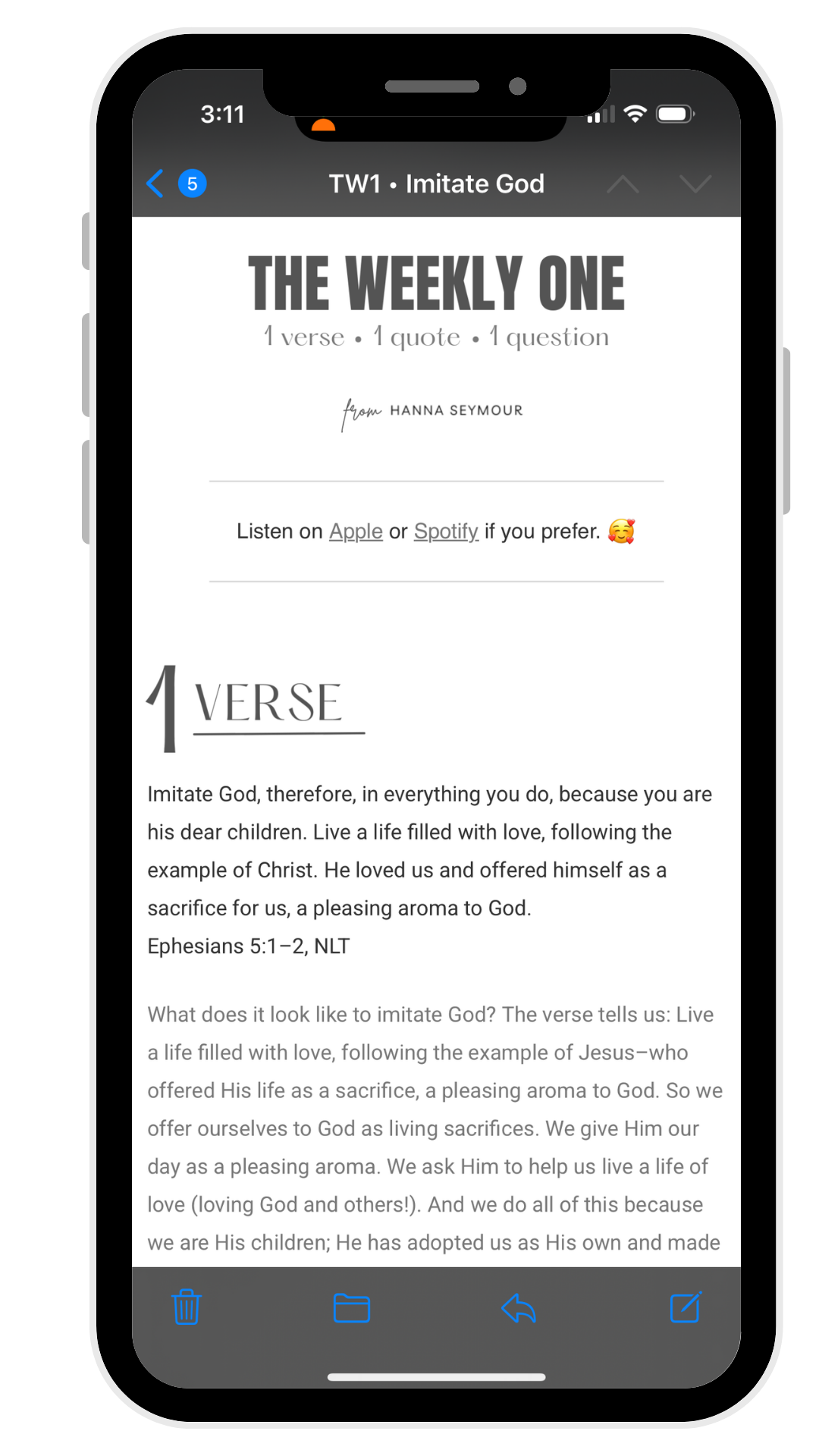 The Weekly One email on iPhone